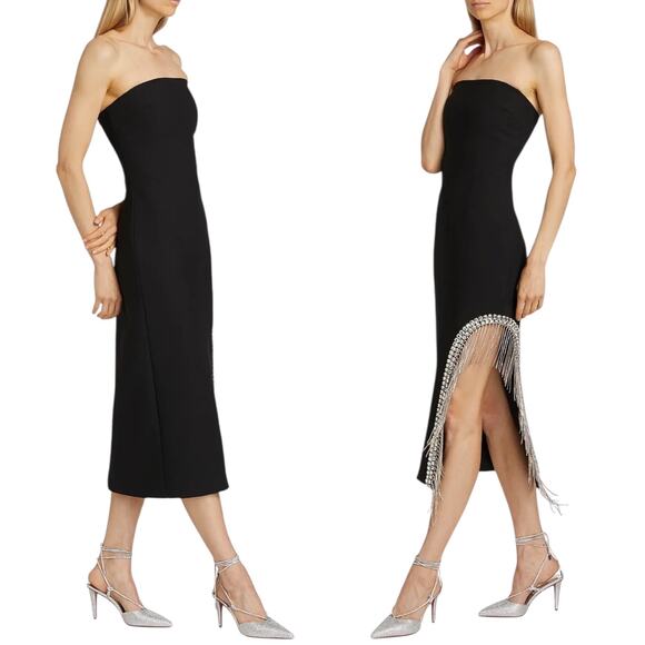 Cinq a Sept Strapless Rhinestone Fringed Sammy Midi Dress Black Size 6 - Picture 1 of 15